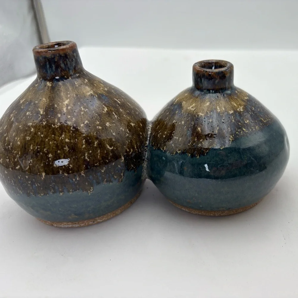 Set of Two Joined Pottery Bud  Vases in Blue and Brown -Makers Mark